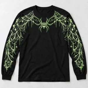 Front flat lay of black unisex Glow Spider Web Long Sleeve tee with pale green spider and shoulder-to-cuff web print
