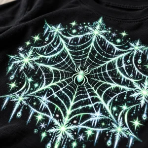 Close-up of icy white snowflakes and tiny spider at the web center