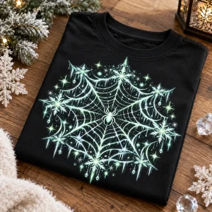 Folded black Glow Winter Web shirt showing the pale green web