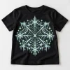 Front flat lay of black Glow Winter Web glow christmas spider shirt for kids