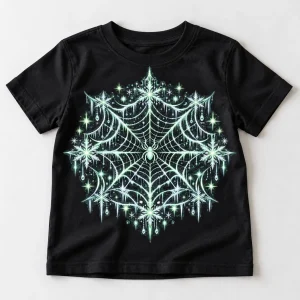 Front flat lay of black Glow Winter Web glow christmas spider shirt for kids