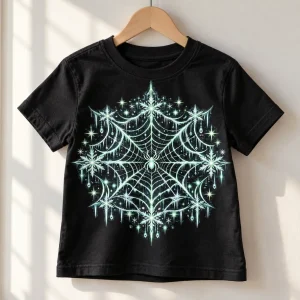 Black Glow Winter Web kids tee on a small wooden hanger