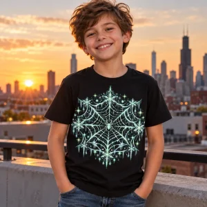 Kid in Glow Winter Web spider shirt decorating a Christmas tree with family