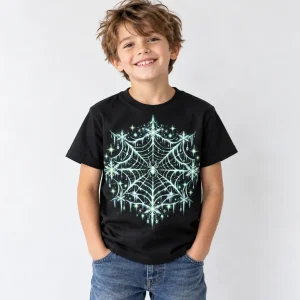 Child wearing black Glow Winter Web tee with the frosty web print