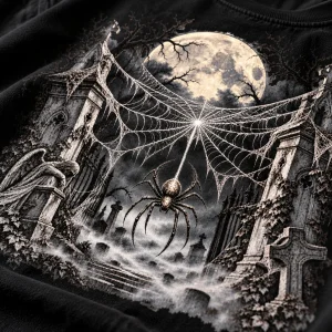 Close-up of gothic Halloween spider shirt print showing web, spider, moon and detailed cemetery artwork