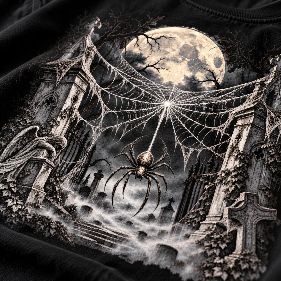 Close-up of gothic Halloween spider shirt print showing web, spider, moon and detailed cemetery artwork