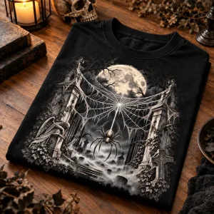 Folded Black Oversized gothic Halloween spider shirt showing moonlit web and cemetery print