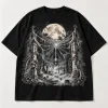 Front flat lay of Black Oversized gothic Halloween spider shirt with moonlit graveyard web design