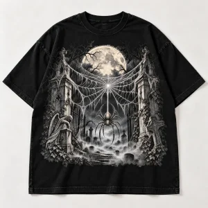 Front flat lay of Black Oversized gothic Halloween spider shirt with moonlit graveyard web design