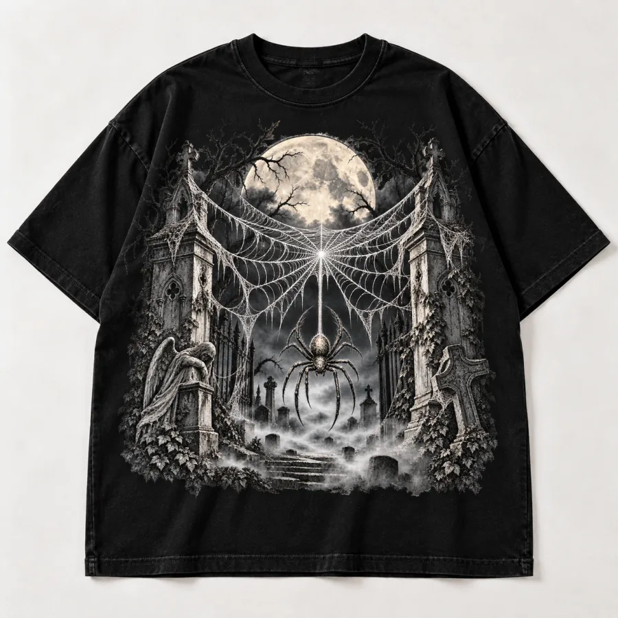 Front flat lay of Black Oversized gothic Halloween spider shirt with moonlit graveyard web design