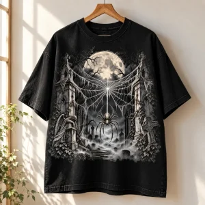 Black Oversized gothic Halloween spider shirt hanging on wooden hanger with graveyard artwork visible