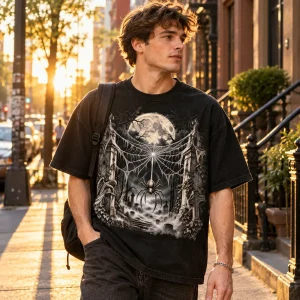 Lifestyle view of man wearing Black Oversized gothic Halloween spider shirt on a sunny New York City street