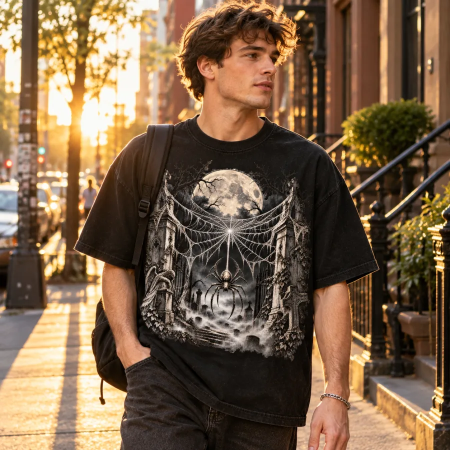 Lifestyle view of man wearing Black Oversized gothic Halloween spider shirt on a sunny New York City street
