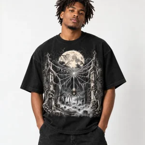 Model wearing Black Oversized gothic Halloween spider shirt with large cemetery web graphic