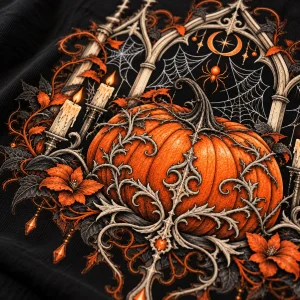 Close-up of Gothic Pumpkin Web print showing detailed pumpkin, thorny vines, spider webs and bone-white gothic linework