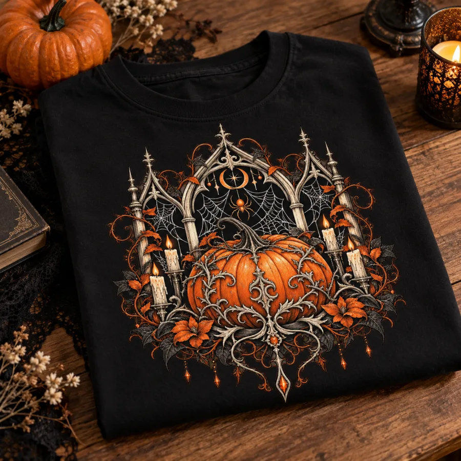 Folded black Gothic Pumpkin Web oversized tee showing the ornate pumpkin and gothic spider web artwork on top