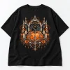 Front flat lay of black women's oversized Gothic Pumpkin Web tee with ornate pumpkin, spider webs, thorny vines and pointed arches
