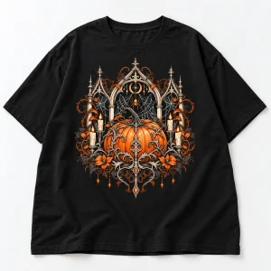 Front flat lay of black women's oversized Gothic Pumpkin Web tee with ornate pumpkin, spider webs, thorny vines and pointed arches
