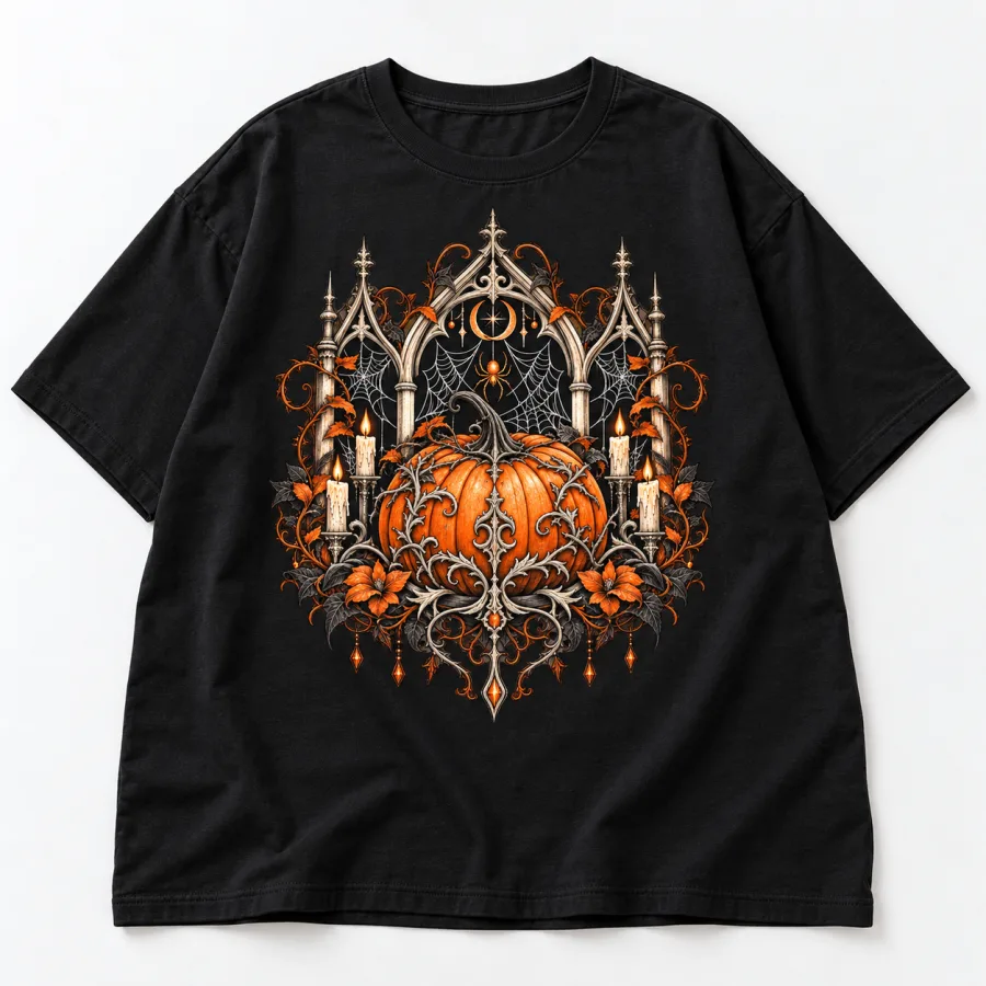 Front flat lay of black women's oversized Gothic Pumpkin Web tee with ornate pumpkin, spider webs, thorny vines and pointed arches