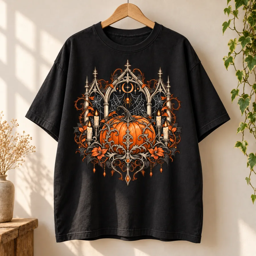 Black women's oversized Gothic Pumpkin Web tee displayed on a wooden hanger with the full front print visible