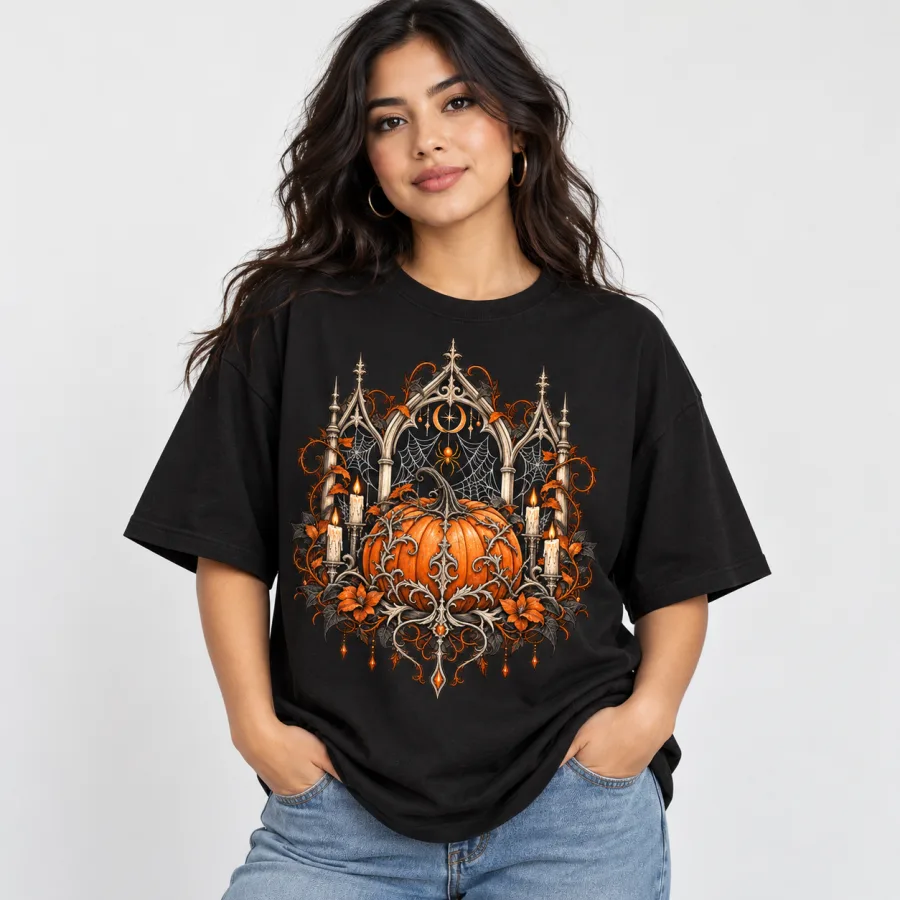 Woman wearing black oversized Gothic Pumpkin Web shirt with bone-white and muted orange gothic pumpkin artwork