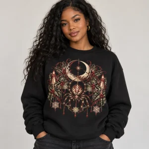 Model wearing black Gothic Winter Crawler crewneck