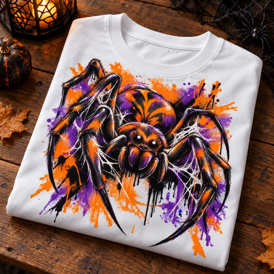 Close-up of Halloween Paint Crawler spider print showing orange purple black paint details and cotton texture