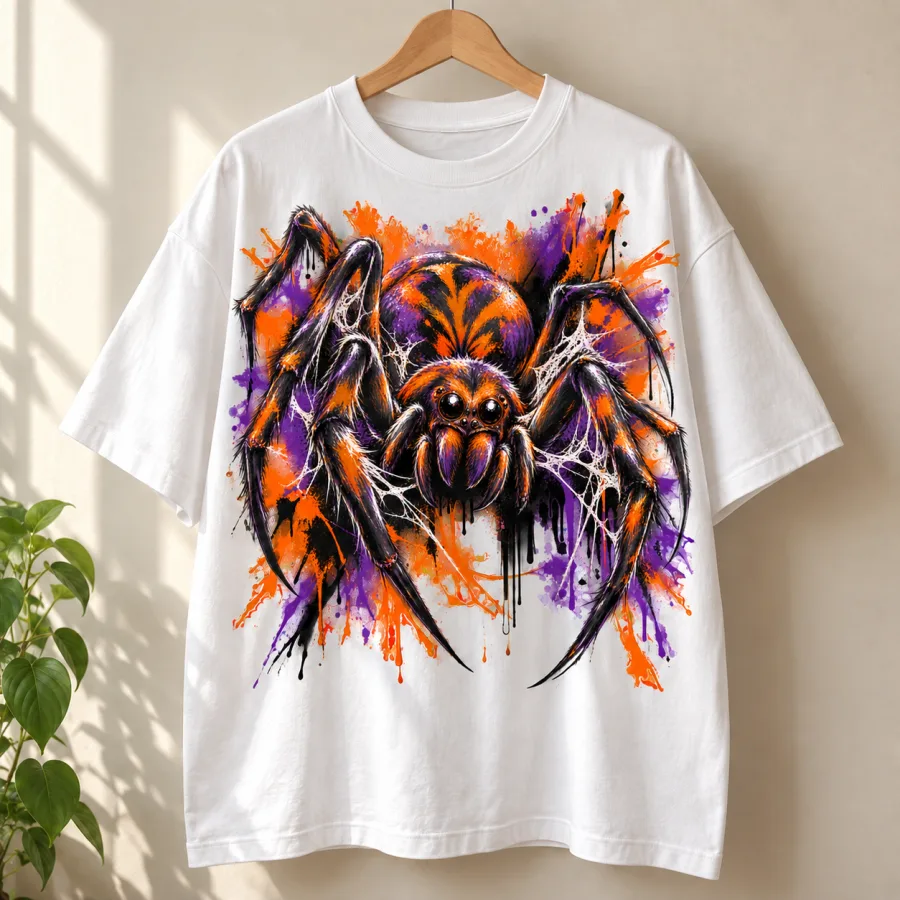 Folded White Oversized Halloween Paint Crawler tee showing the colorful spider print on a wooden table