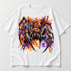 Front flat lay of White Oversized Halloween Paint Crawler tee with orange purple and black spider graphic