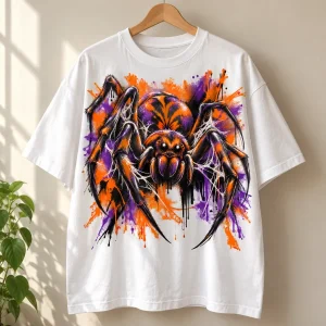 White Oversized Halloween Paint Crawler spider tee hanging on a natural wooden hanger