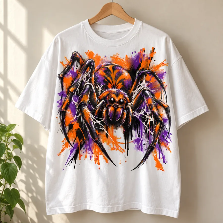 White Oversized Halloween Paint Crawler spider tee hanging on a natural wooden hanger