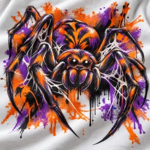 Lifestyle view of a model wearing the White Oversized Halloween Paint Crawler spider graphic tee in a coffee shop
