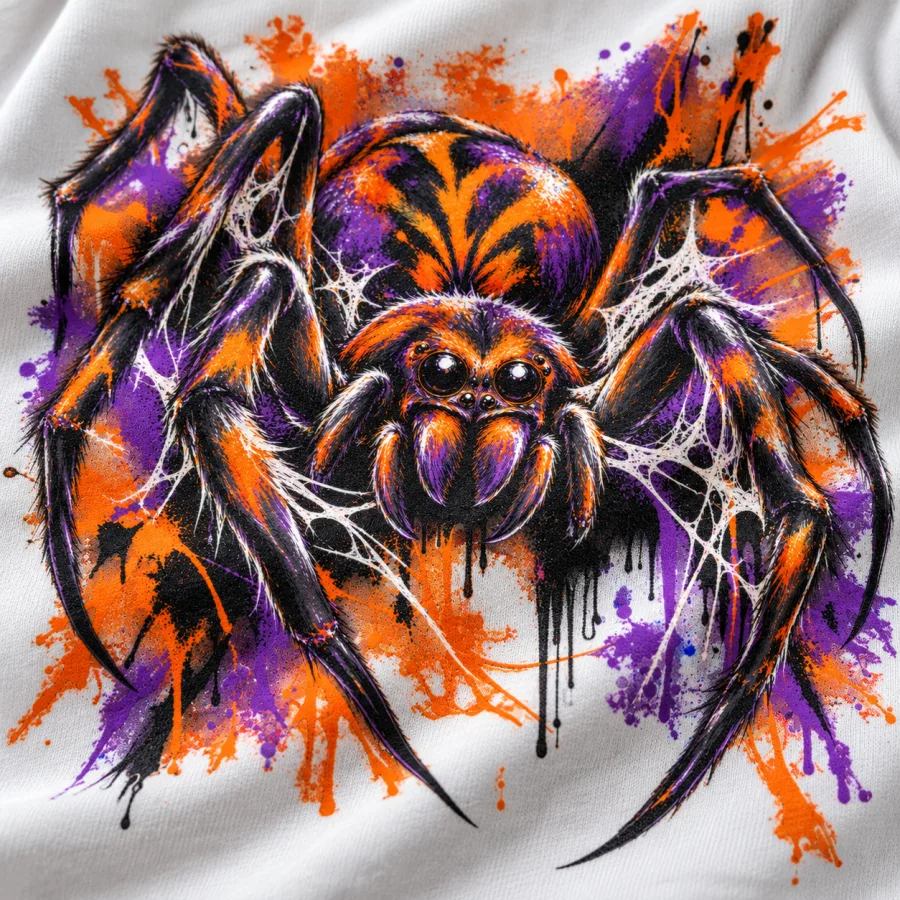 Lifestyle view of a model wearing the White Oversized Halloween Paint Crawler spider graphic tee in a coffee shop