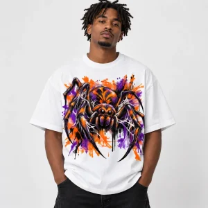 Model wearing White Oversized Halloween Paint Crawler halloween spider graphic shirt from the front