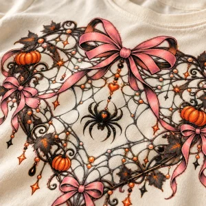 Close-up of Halloween Web Heart print showing spider web lines, tiny spider, orange pumpkin and dusty pink bow details