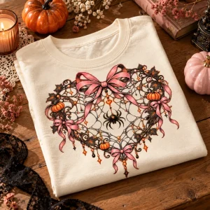 Folded Cream Baby tee showing Halloween Web Heart artwork with black webs, orange pumpkins and pink bows