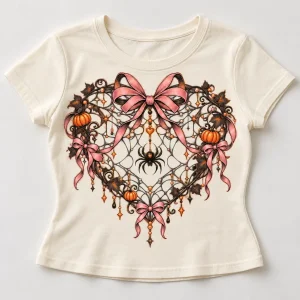 Front flat lay of Cream Baby tee with Halloween Web Heart spider web, orange pumpkin and dusty pink bow design