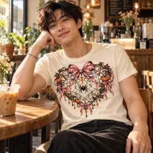 Lifestyle photo featuring Cream Baby tee with original cute gothic Halloween spider web heart design