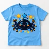 Front flat lay of Sky blue Happy Little Spider kids spider shirt with colorful cartoon spider print