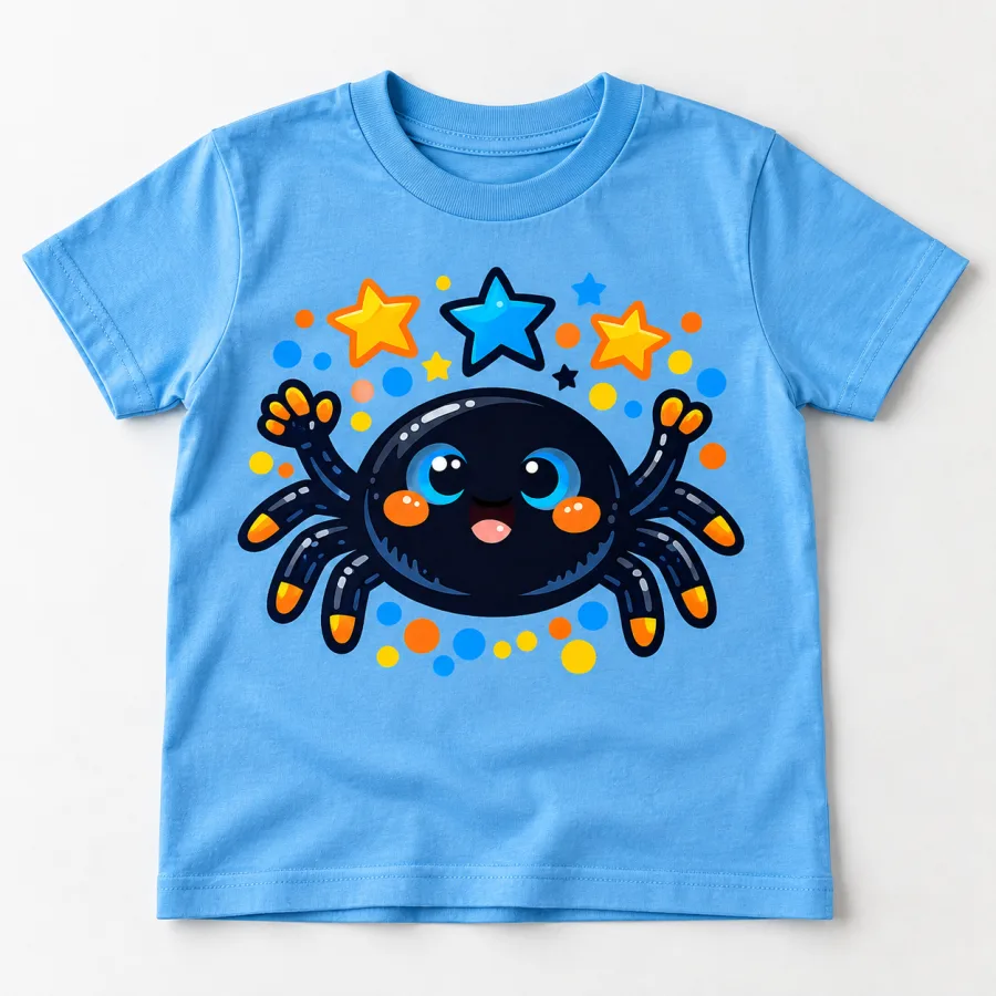 Front flat lay of Sky blue Happy Little Spider kids spider shirt with colorful cartoon spider print