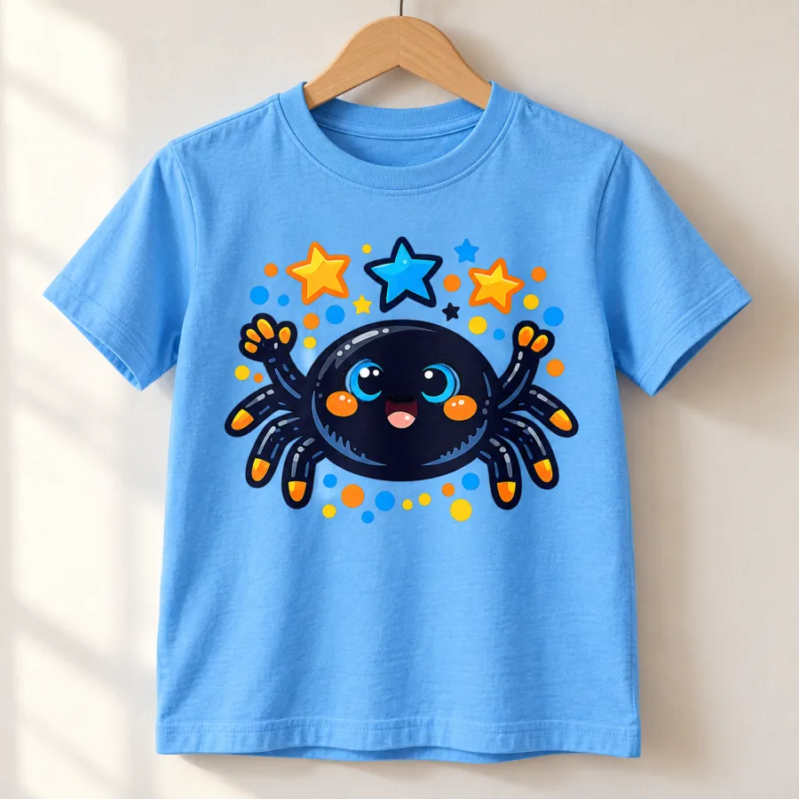 Sky blue Happy Little Spider youth tee displayed on wooden hanger with colorful spider artwork