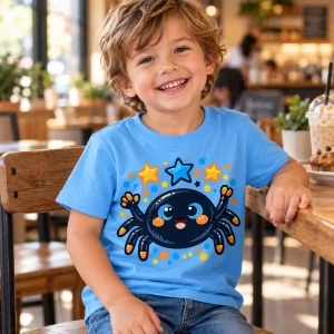 Child wearing Happy Little Spider kids spider shirt in a warm casual coffee shop setting