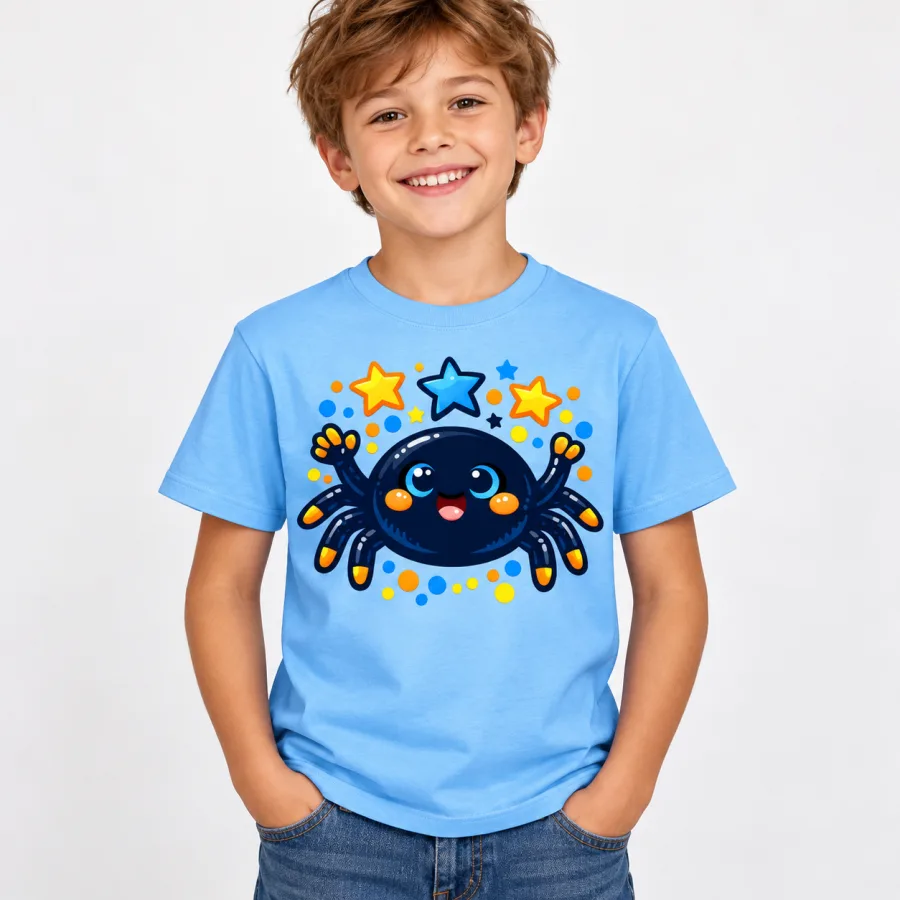 Happy child wearing Sky blue Happy Little Spider kids spider shirt with bright stars and dots