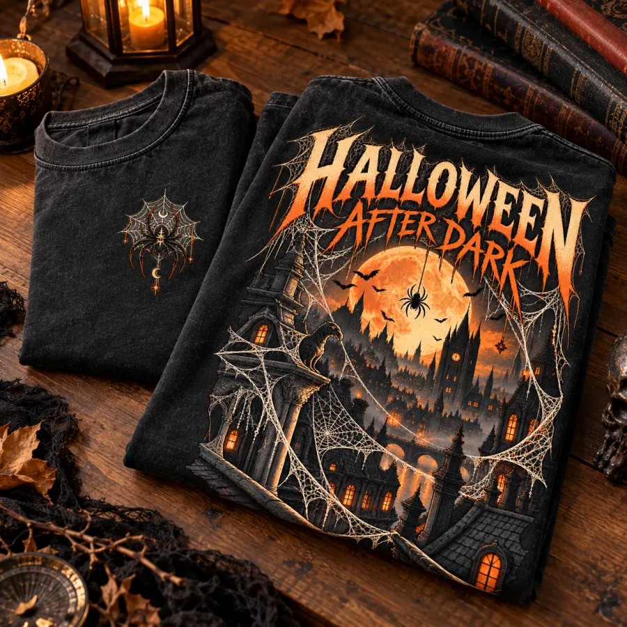 Folded washed black Haunted City Web tee displaying the large cream and orange haunted city back artwork