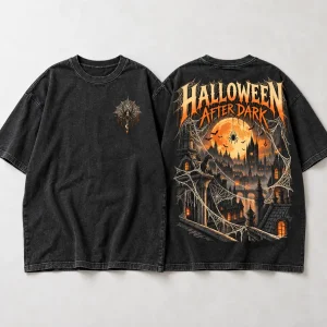 Front flat lay of washed black oversized Haunted City Web tee showing the small spider chest print