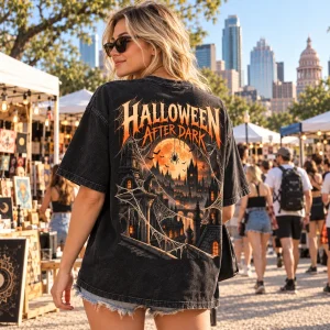 Lifestyle view of Haunted City Web washed black oversized tee worn at a lively street market with the back print visible