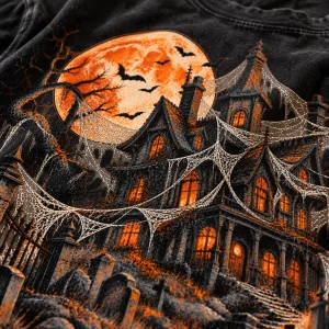 Close-up of Haunted House Spider Shirt print showing cotton texture, distressed webs, orange moon and haunted mansion details