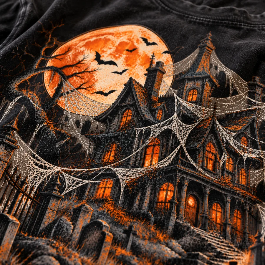 Close-up of Haunted House Spider Shirt print showing cotton texture, distressed webs, orange moon and haunted mansion details