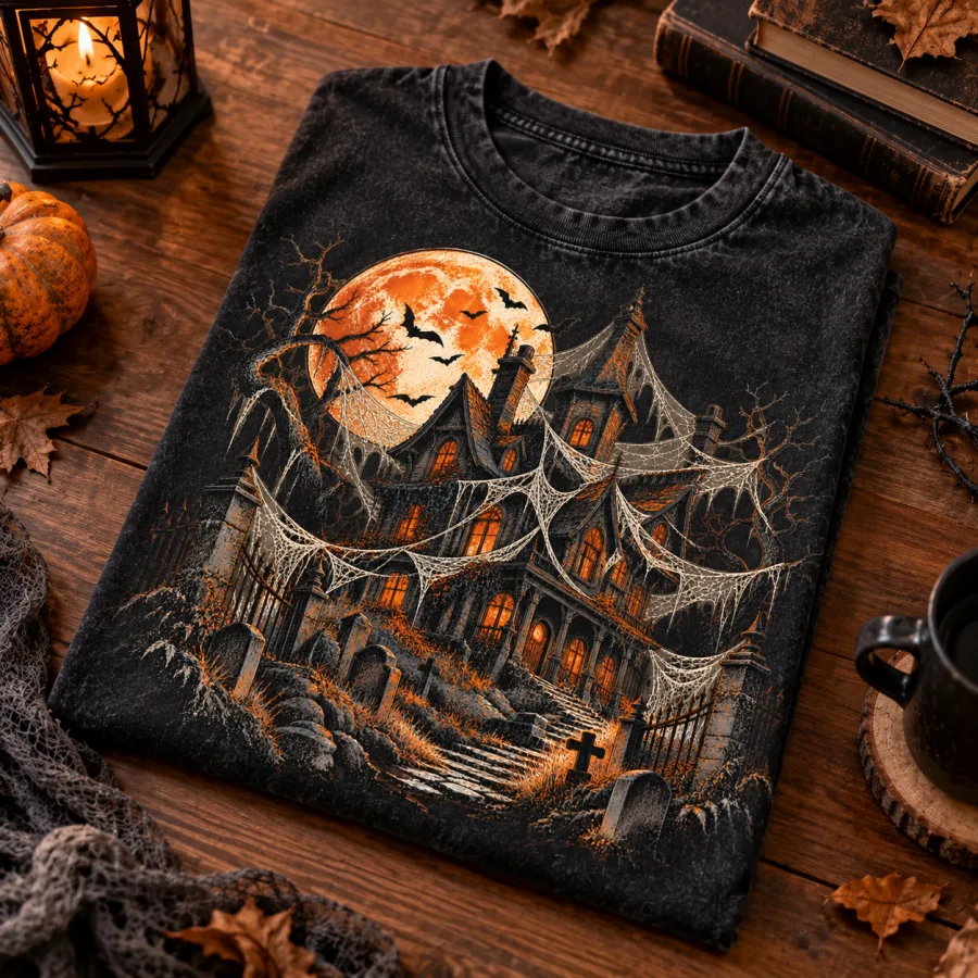 Folded washed black Haunted House Spider Shirt on wooden table with the Haunted Web House artwork visible