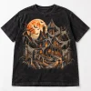 Front flat lay of washed black Haunted House Spider Shirt with orange moon, haunted mansion, giant webs and cemetery artwork